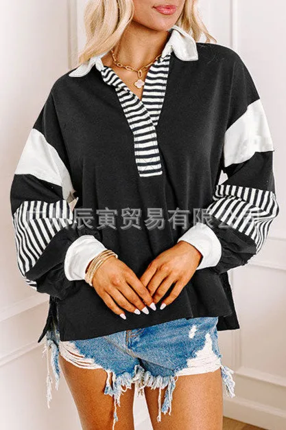 Europe and America Women's Autumn New Fashion Polo Collar Spell Color Striped Splicing Pullover Hoodie, Loose Casual Fresh Top