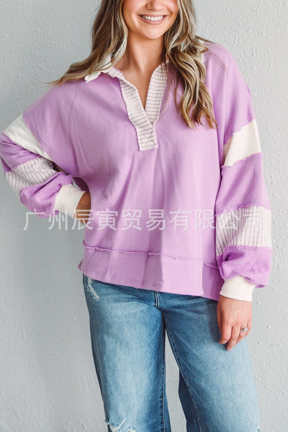 Europe and America Women's Autumn New Fashion Polo Collar Spell Color Striped Splicing Pullover Hoodie, Loose Casual Fresh Top