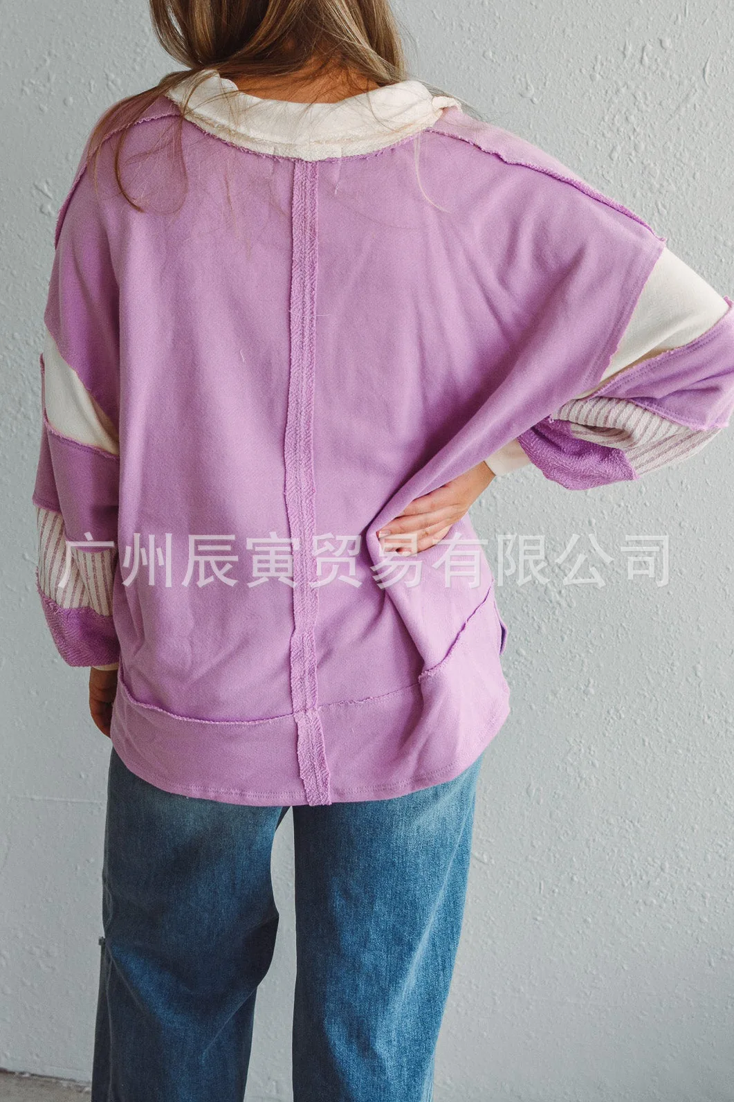 Europe and America Women's Autumn New Fashion Polo Collar Spell Color Striped Splicing Pullover Hoodie, Loose Casual Fresh Top