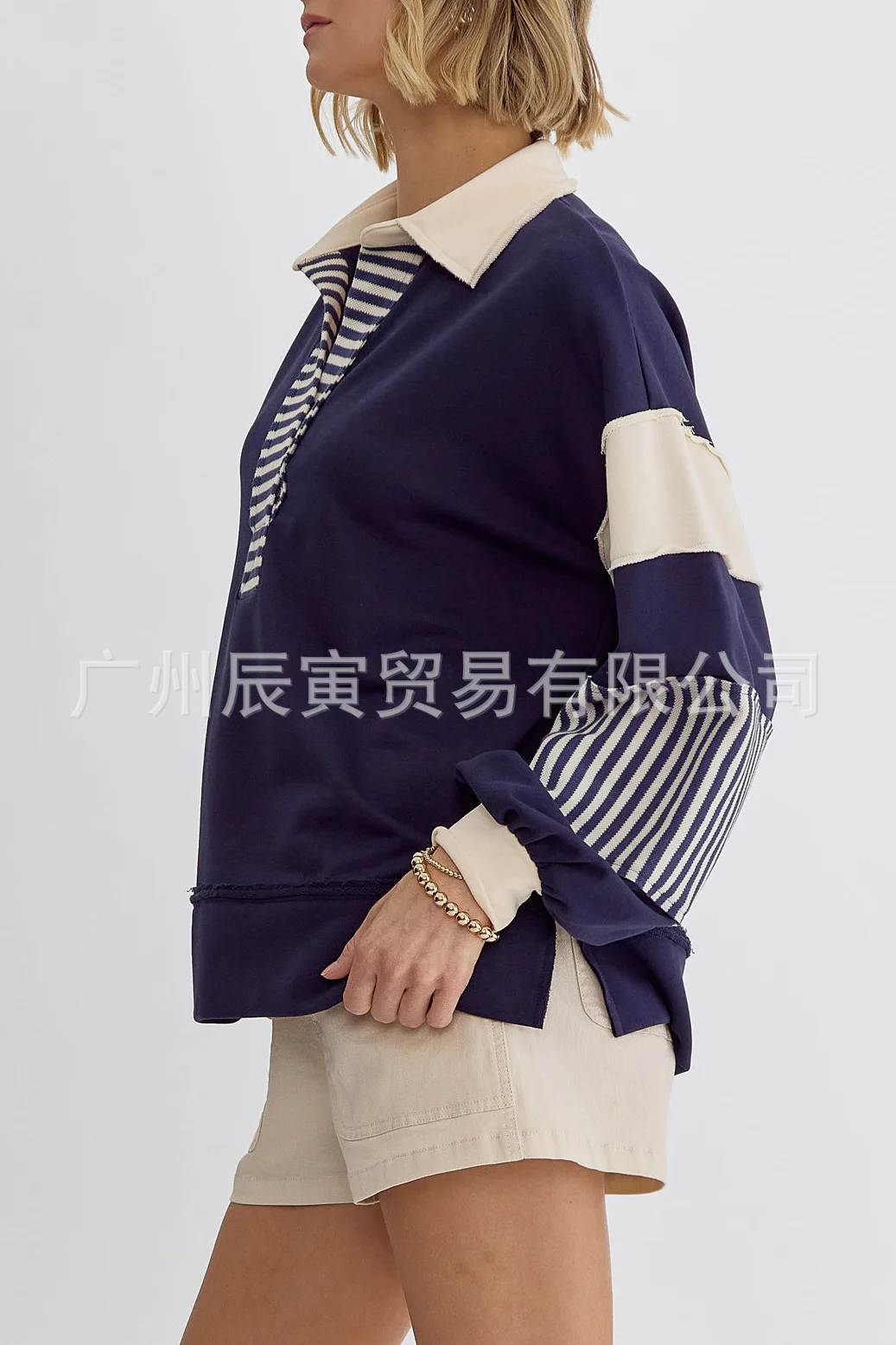 Europe and America Women's Autumn New Fashion Polo Collar Spell Color Striped Splicing Pullover Hoodie, Loose Casual Fresh Top