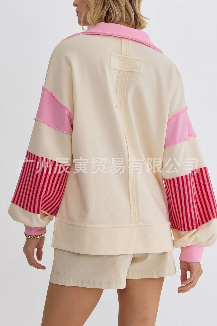 Europe and America Women's Autumn New Fashion Polo Collar Spell Color Striped Splicing Pullover Hoodie, Loose Casual Fresh Top