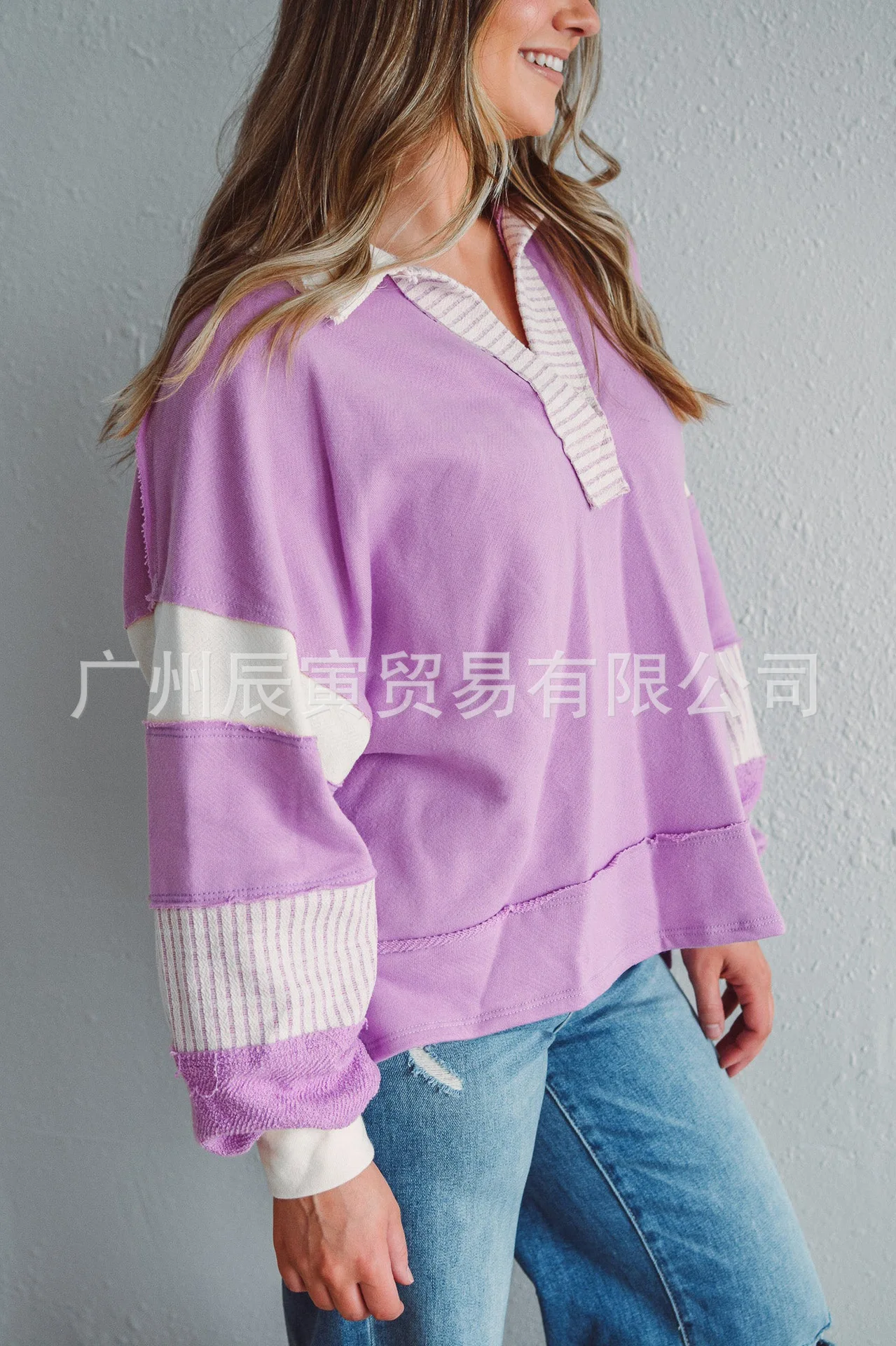 Europe and America Women's Autumn New Fashion Polo Collar Spell Color Striped Splicing Pullover Hoodie, Loose Casual Fresh Top