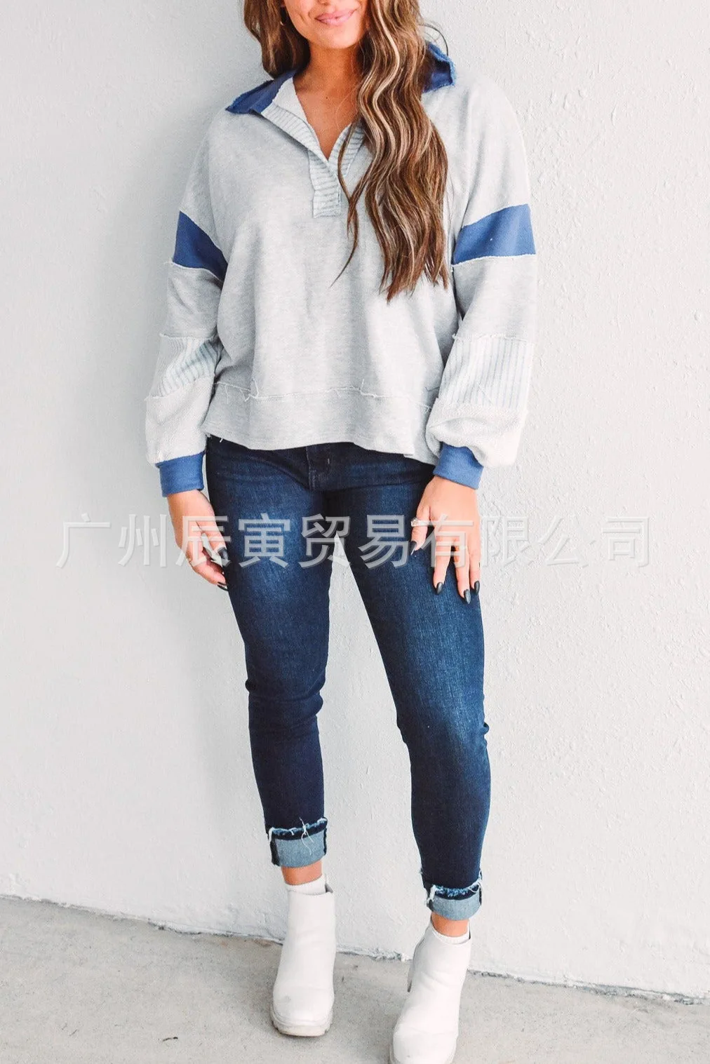 Europe and America Women's Autumn New Fashion Polo Collar Spell Color Striped Splicing Pullover Hoodie, Loose Casual Fresh Top