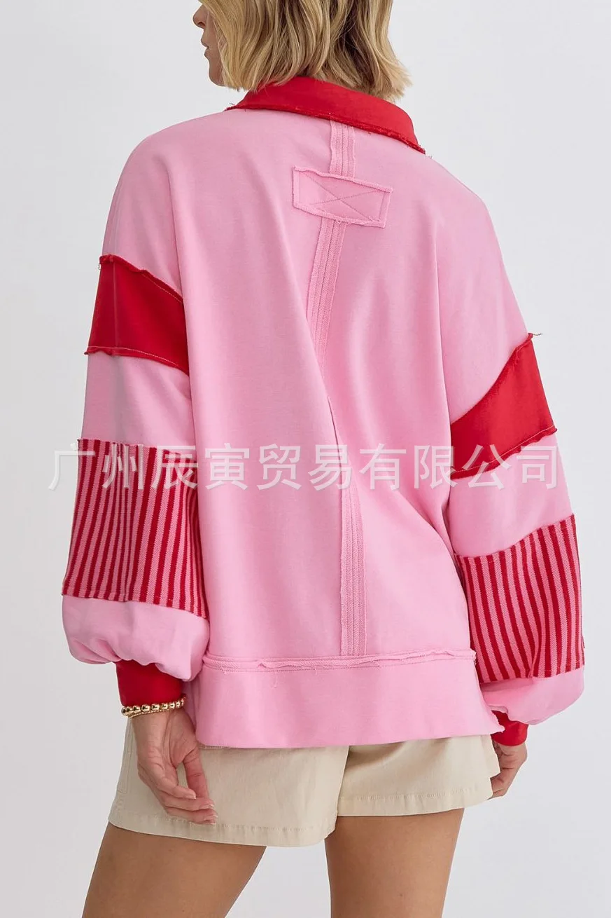 Europe and America Women's Autumn New Fashion Polo Collar Spell Color Striped Splicing Pullover Hoodie, Loose Casual Fresh Top
