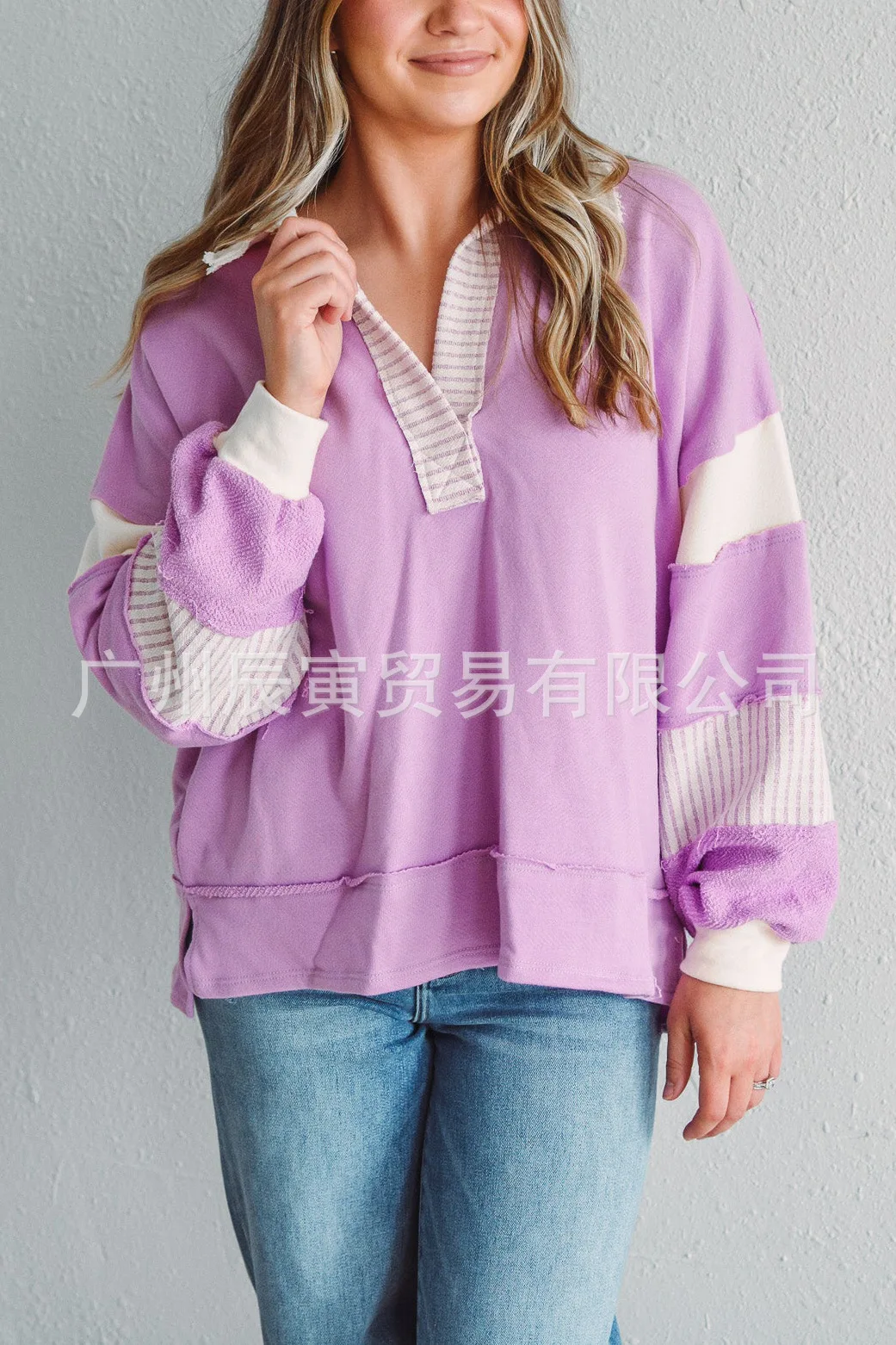 Europe and America Women's Autumn New Fashion Polo Collar Spell Color Striped Splicing Pullover Hoodie, Loose Casual Fresh Top