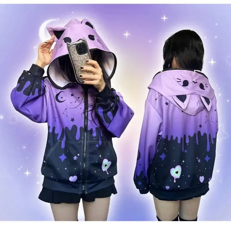 Japanese 3D Printing Casual Hoodies Women Y2k Aesthetic Vintage Loose Hoody Autumn Streetwear ​Zipper Pocket Grunge Sweatshirt