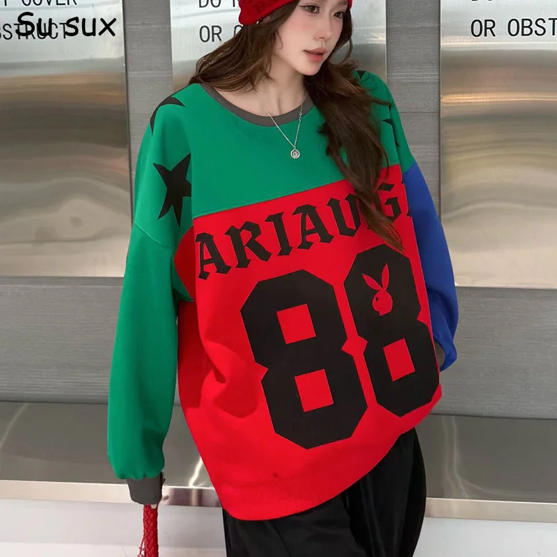 2026 Autumn Multicolour Patchwork Oversized Pullover Sweatershirts Woman Casual Loose Pentagram O Neck Long Sleeve Outwears