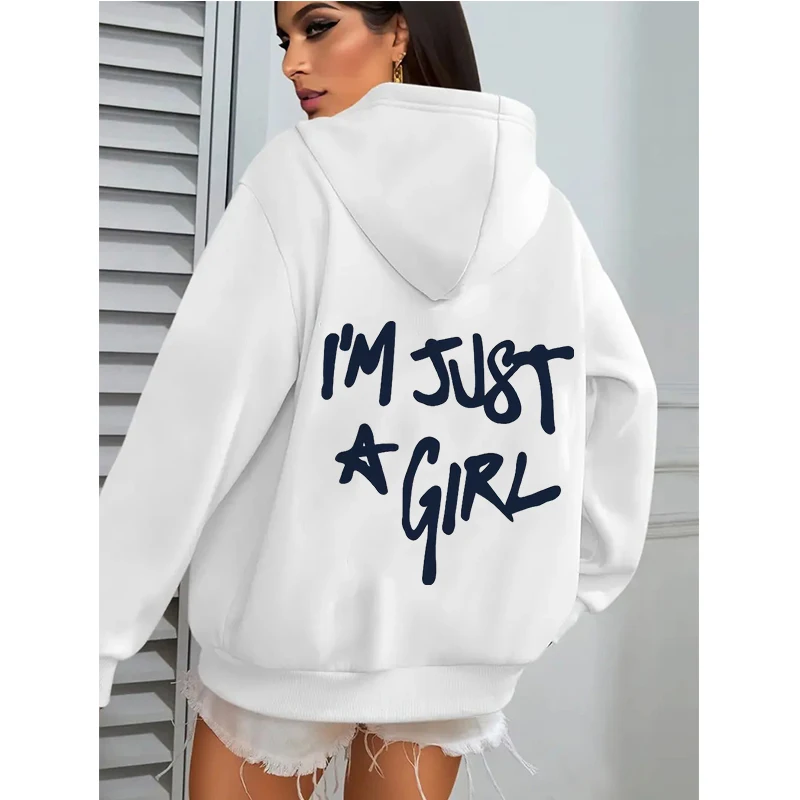Women's Casual Pocket Hoodies with I'm Just A Girl Letter Print Autunm Winter Hooded Clothes Graphic Y2k Sweatshirts Streetwear