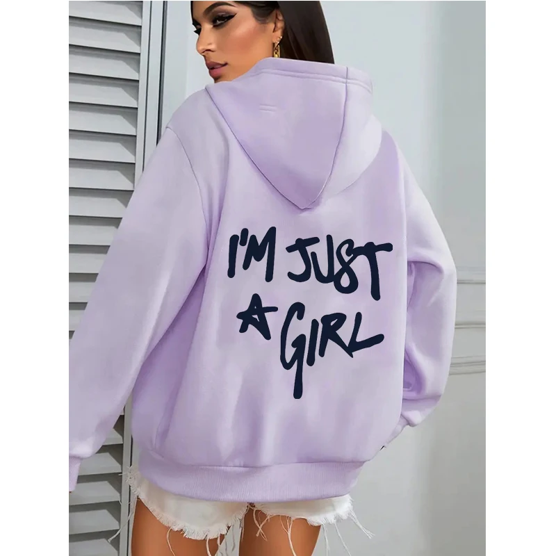 Women's Casual Pocket Hoodies with I'm Just A Girl Letter Print Autunm Winter Hooded Clothes Graphic Y2k Sweatshirts Streetwear