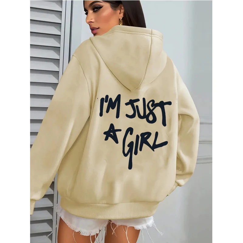 Women's Casual Pocket Hoodies with I'm Just A Girl Letter Print Autunm Winter Hooded Clothes Graphic Y2k Sweatshirts Streetwear
