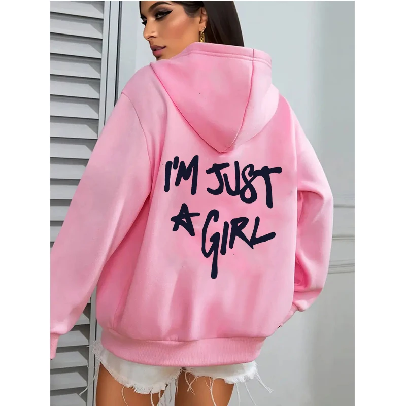 Women's Casual Pocket Hoodies with I'm Just A Girl Letter Print Autunm Winter Hooded Clothes Graphic Y2k Sweatshirts Streetwear