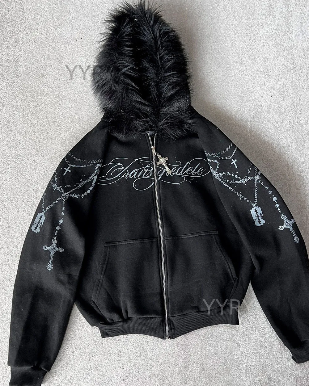 Harajuku Aesthetics Classics Casual Long Sleeved Hoodie Fashionable Personalized Printed Zipper Detachable Fur Collar Hat Hoodie