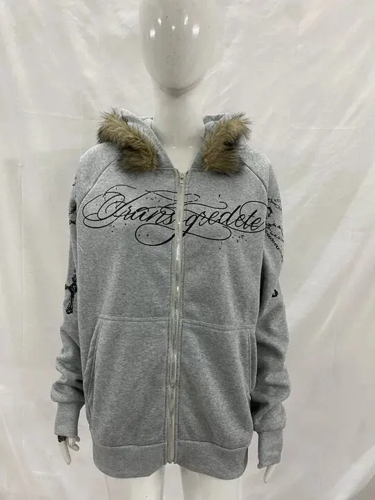 Harajuku Aesthetics Classics Casual Long Sleeved Hoodie Fashionable Personalized Printed Zipper Detachable Fur Collar Hat Hoodie
