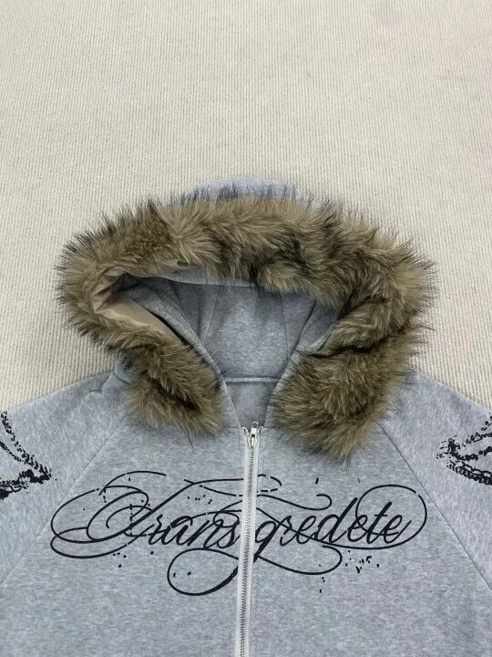 Harajuku Aesthetics Classics Casual Long Sleeved Hoodie Fashionable Personalized Printed Zipper Detachable Fur Collar Hat Hoodie