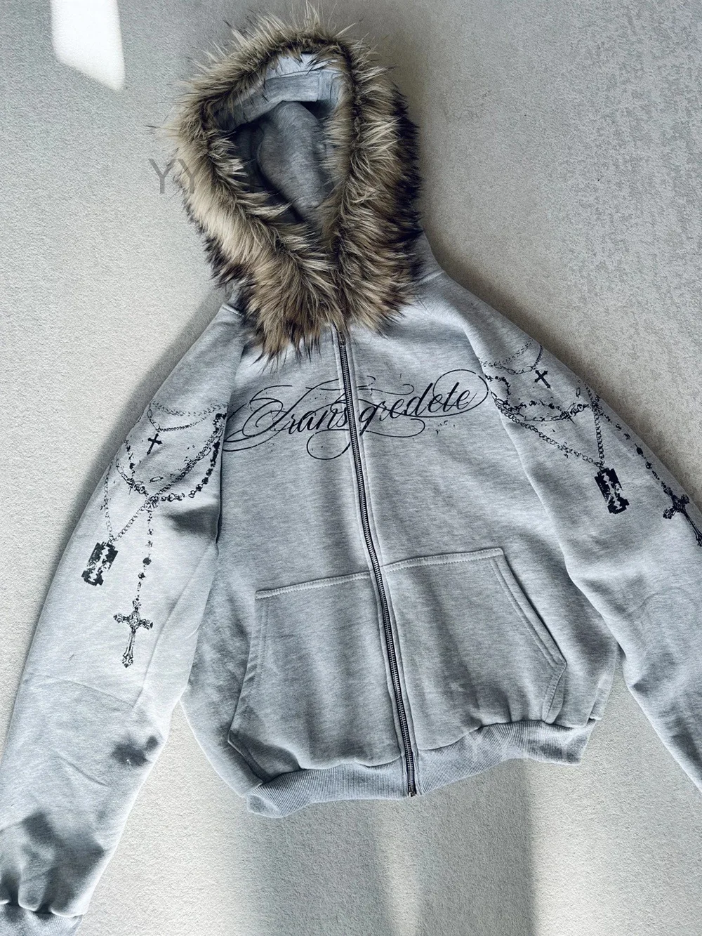 Harajuku Aesthetics Classics Casual Long Sleeved Hoodie Fashionable Personalized Printed Zipper Detachable Fur Collar Hat Hoodie