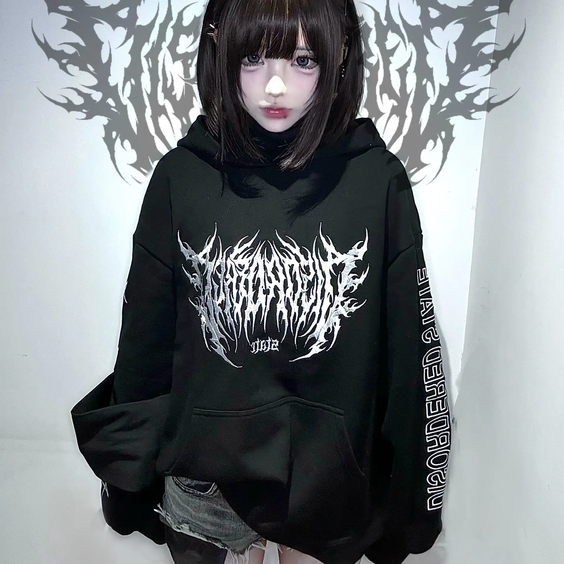 Y2k 2000s Hoodies Women Streetwear Sweatshirts Oversized Tops Casual Vintage Punk Hoodie Hooded Print Hip-hop Japanese Clothes