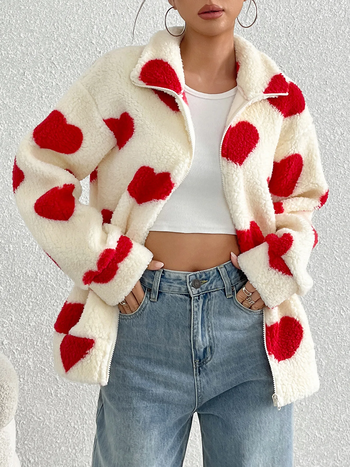 Autumn Winter Plush Love Print Cardigan Coat Women Fashion Loose Lapel Zipper Fluffy Coats Comfortable Casual Female Clothing
