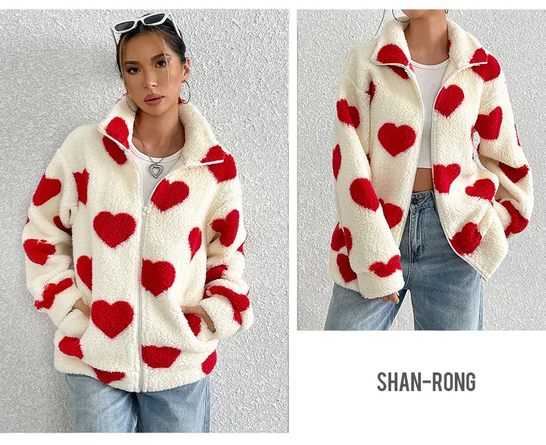 Autumn Winter Plush Love Print Cardigan Coat Women Fashion Loose Lapel Zipper Fluffy Coats Comfortable Casual Female Clothing