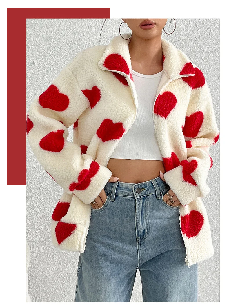 Autumn Winter Plush Love Print Cardigan Coat Women Fashion Loose Lapel Zipper Fluffy Coats Comfortable Casual Female Clothing