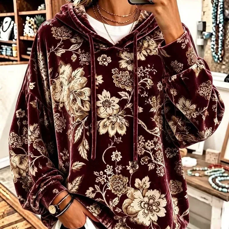 Women Vintage Floral Print Velvet Hoodie Long Sleeve Drawstring Pullover Casual Loose Fall Flower Pattern Streetwear Sweatshirts