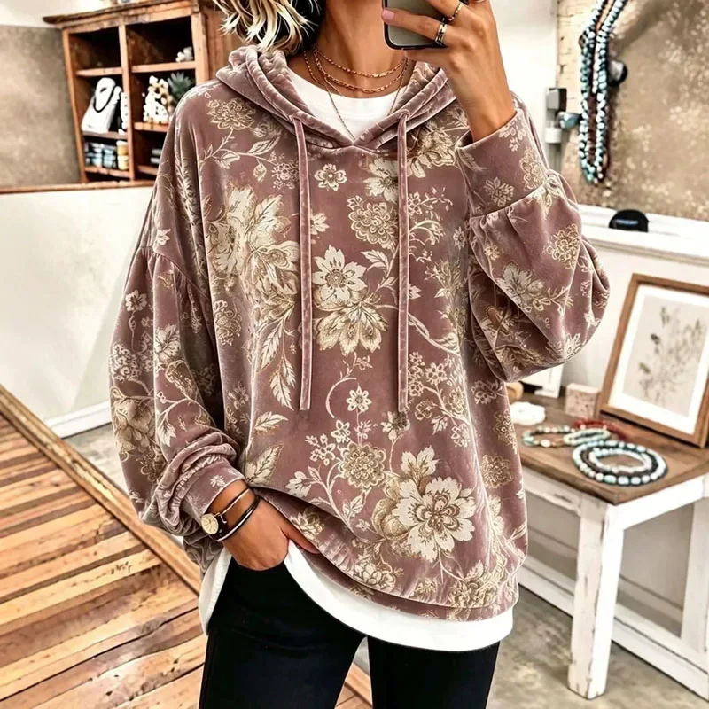 Women Vintage Floral Print Velvet Hoodie Long Sleeve Drawstring Pullover Casual Loose Fall Flower Pattern Streetwear Sweatshirts