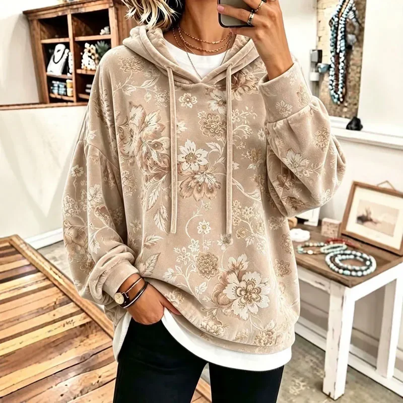 Women Vintage Floral Print Velvet Hoodie Long Sleeve Drawstring Pullover Casual Loose Fall Flower Pattern Streetwear Sweatshirts