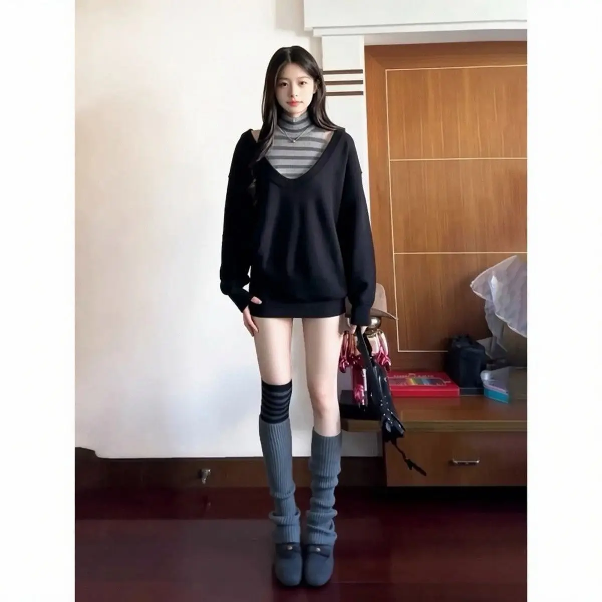 2026 Two-piece Set Streetwear Casual Grunge Hoody + Sleeveless Vintage Turtleneck Stripe Slim Fit Vest 2k Aesthetic Loose Suit