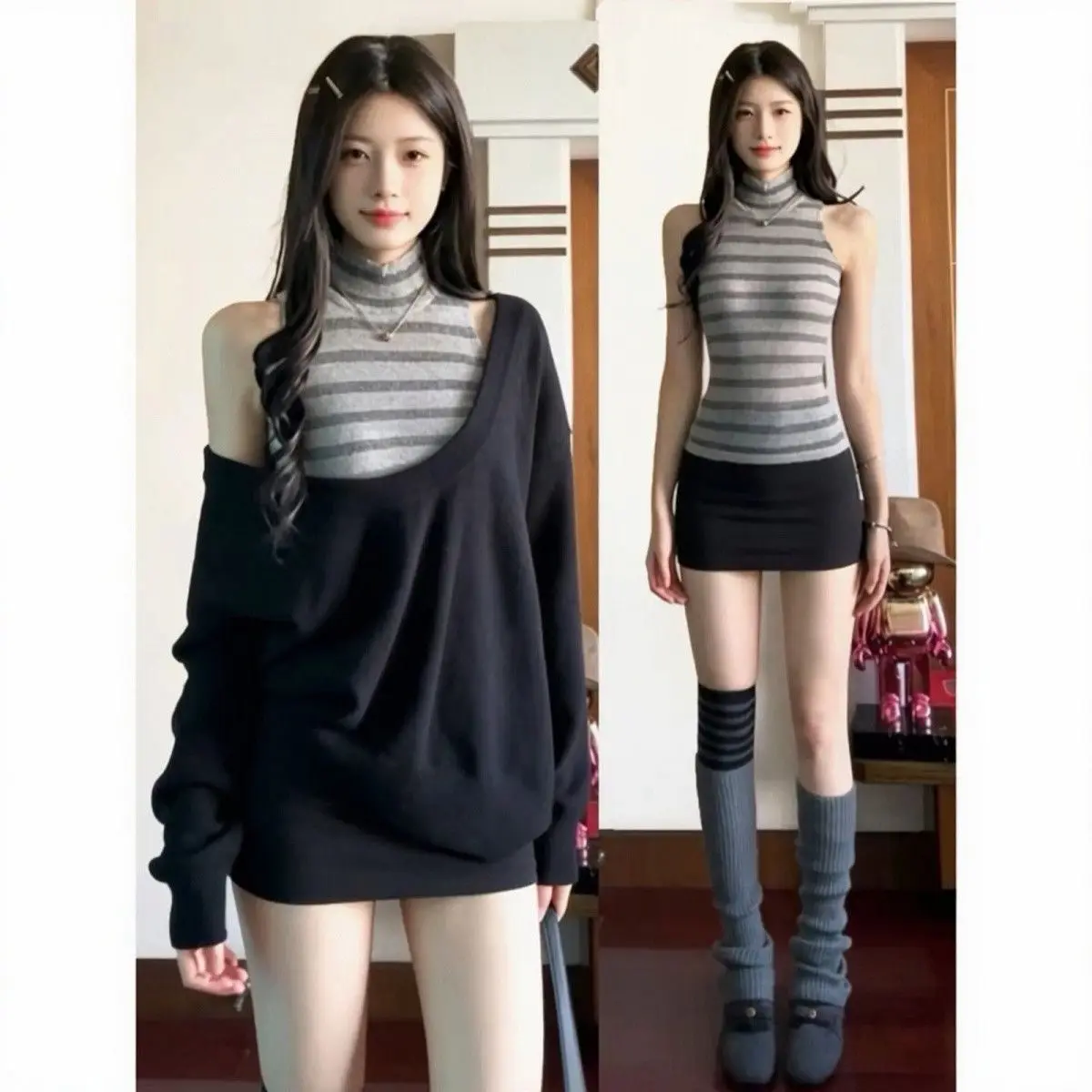 2026 Two-piece Set Streetwear Casual Grunge Hoody + Sleeveless Vintage Turtleneck Stripe Slim Fit Vest 2k Aesthetic Loose Suit