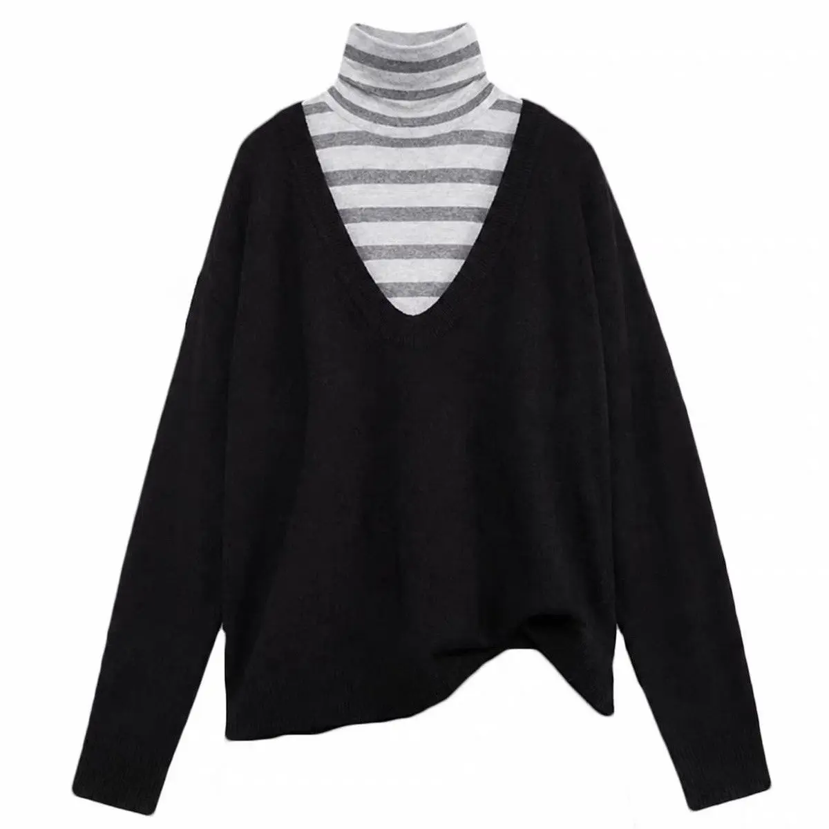 2026 Two-piece Set Streetwear Casual Grunge Hoody + Sleeveless Vintage Turtleneck Stripe Slim Fit Vest 2k Aesthetic Loose Suit