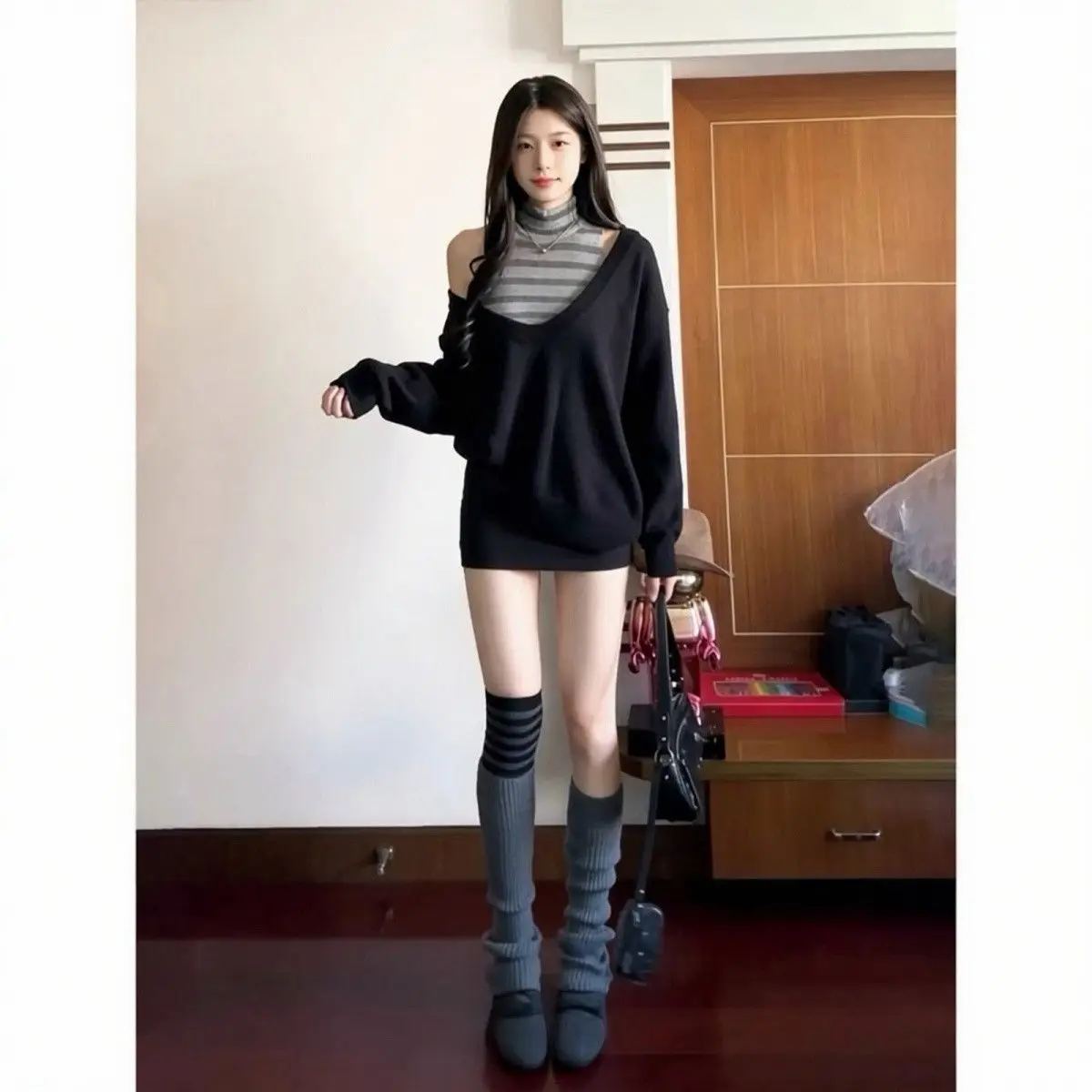 2026 Two-piece Set Streetwear Casual Grunge Hoody + Sleeveless Vintage Turtleneck Stripe Slim Fit Vest 2k Aesthetic Loose Suit
