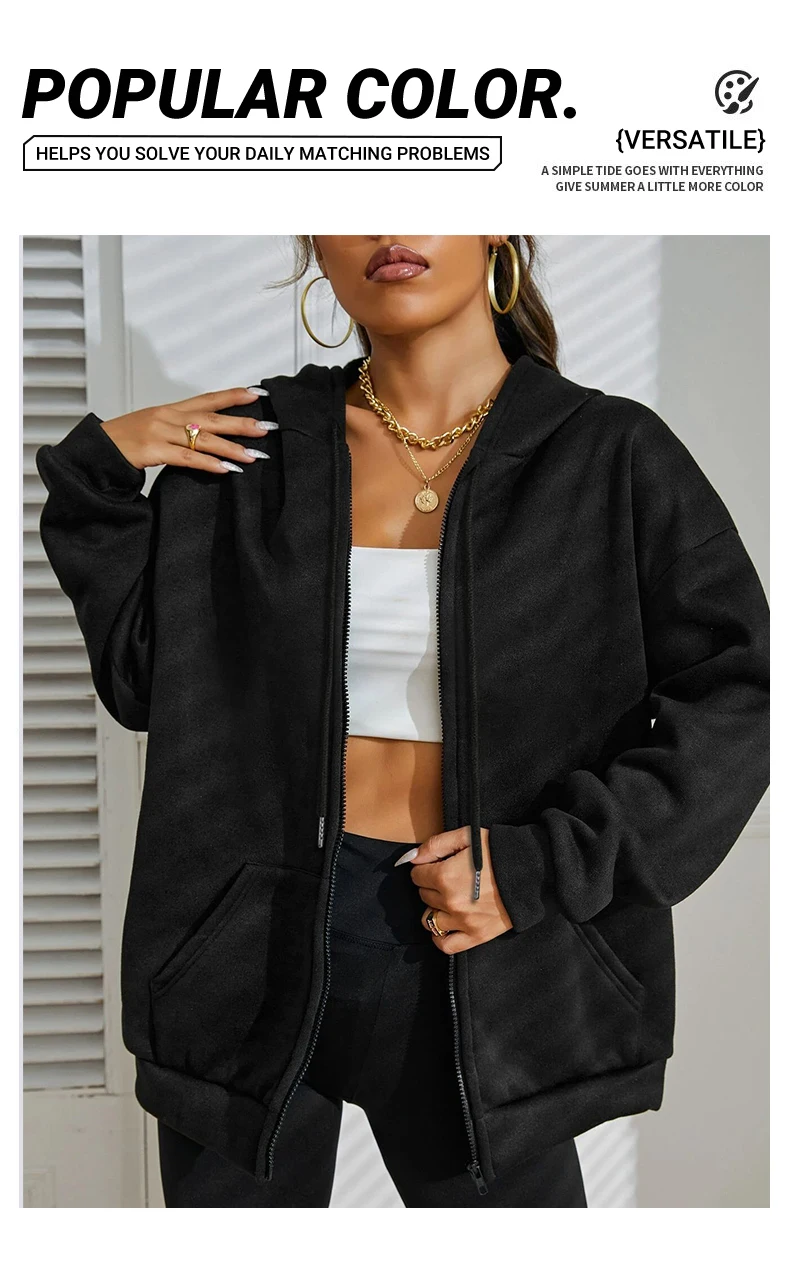 Solid Color Zipper Hoodies Womens Autumn Casual Sportswear Y2K Comfortable Long Sleeved All-Match Pocket Oversized Hoody