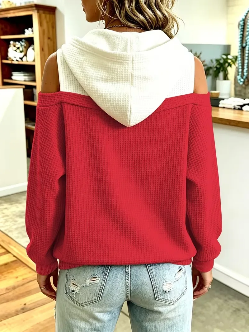 Women Off Shoulder Hooded Sweatshirt Sleeveless Fake Two‑Piece Pullover Casual Long Sleeve Blouse Daily Streetwear Tops