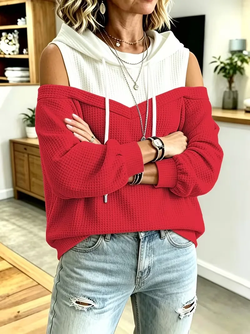Women Off Shoulder Hooded Sweatshirt Sleeveless Fake Two‑Piece Pullover Casual Long Sleeve Blouse Daily Streetwear Tops