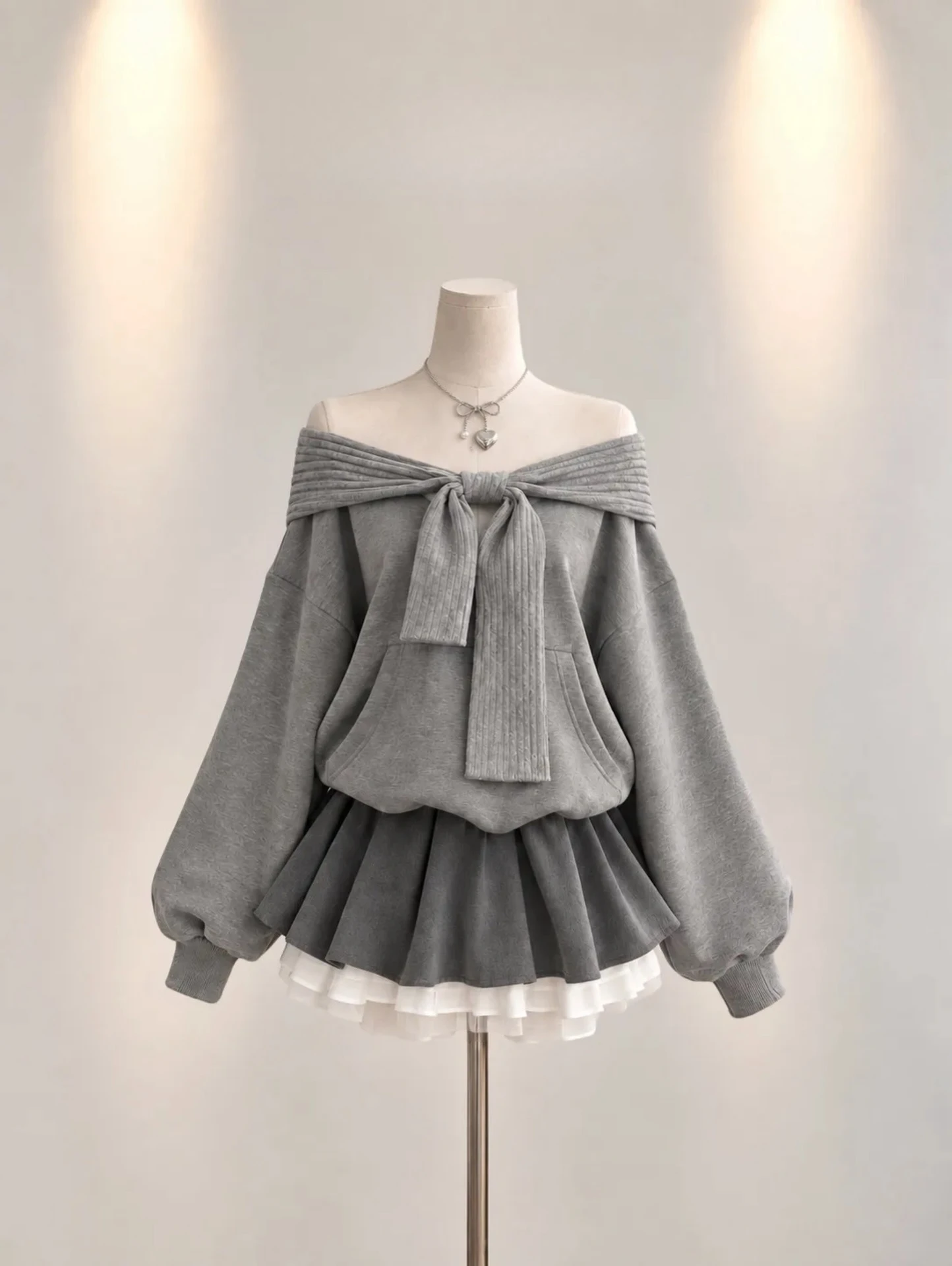 Women Off Shoulder Sweatshirt Big Knit Bow Lantern Long Sleeve Oversized Kangaroo Pocket Sweet Streetwear Fall Winter Top