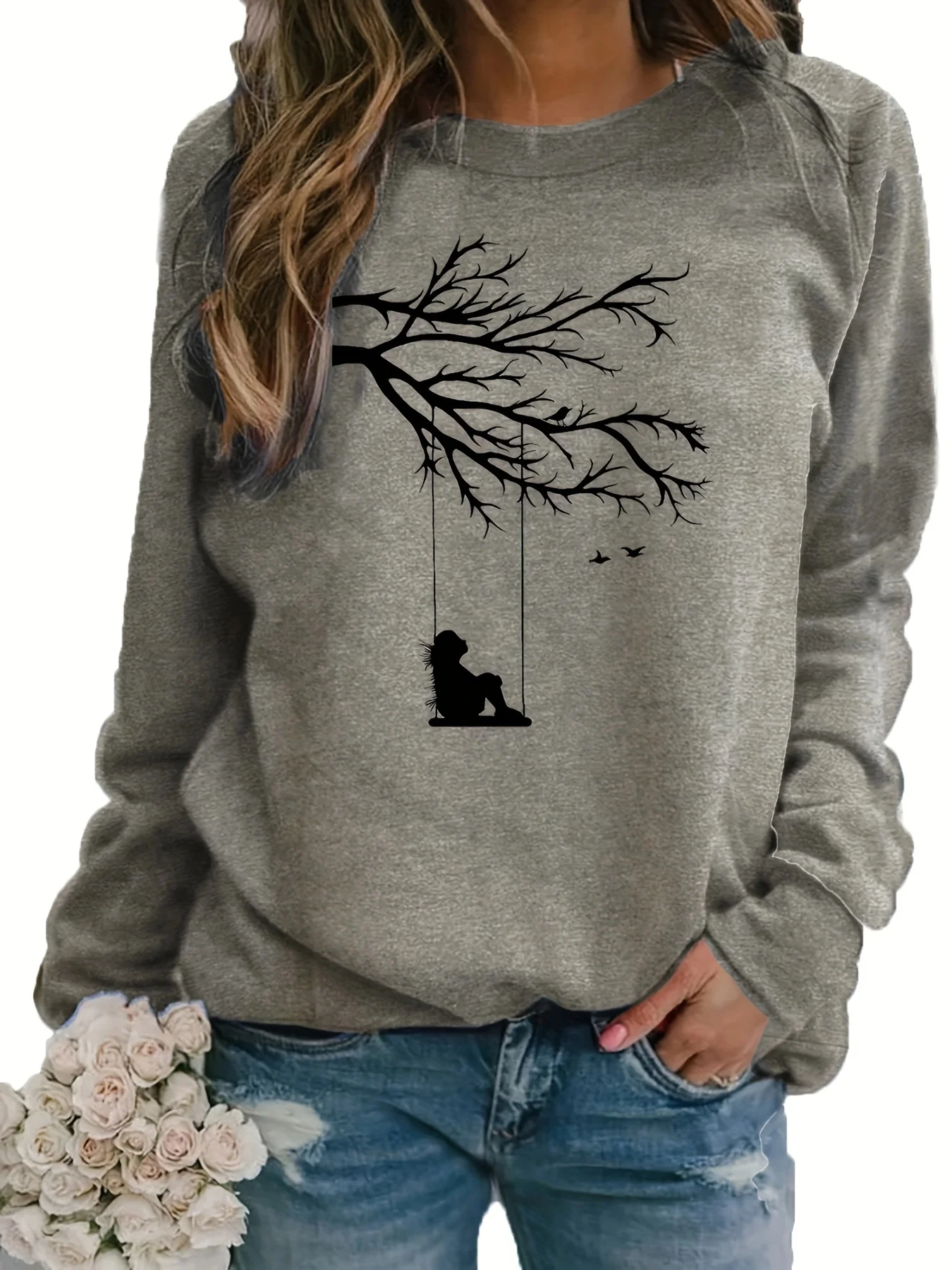 Women's Autumn and Winter Loose Casual Comfortable Tree and Bird Design Printed Velvet Long-Sleeved Round Neck Hoodie Pullover