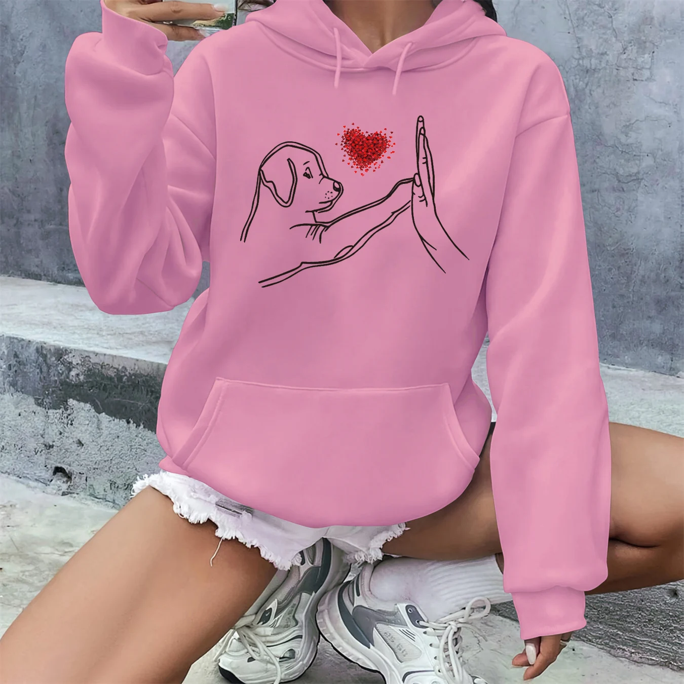 Women's Autumn and Winter Warm Loose Casual and Dog High Five Pattern Printed Suede Long Sleeved Hooded Sweatshirt