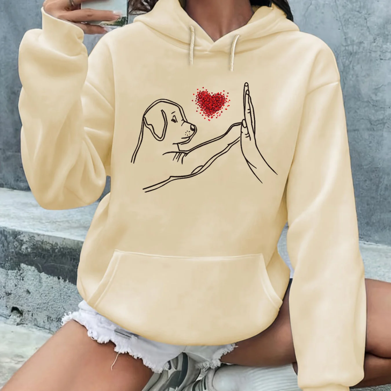 Women's Autumn and Winter Warm Loose Casual and Dog High Five Pattern Printed Suede Long Sleeved Hooded Sweatshirt