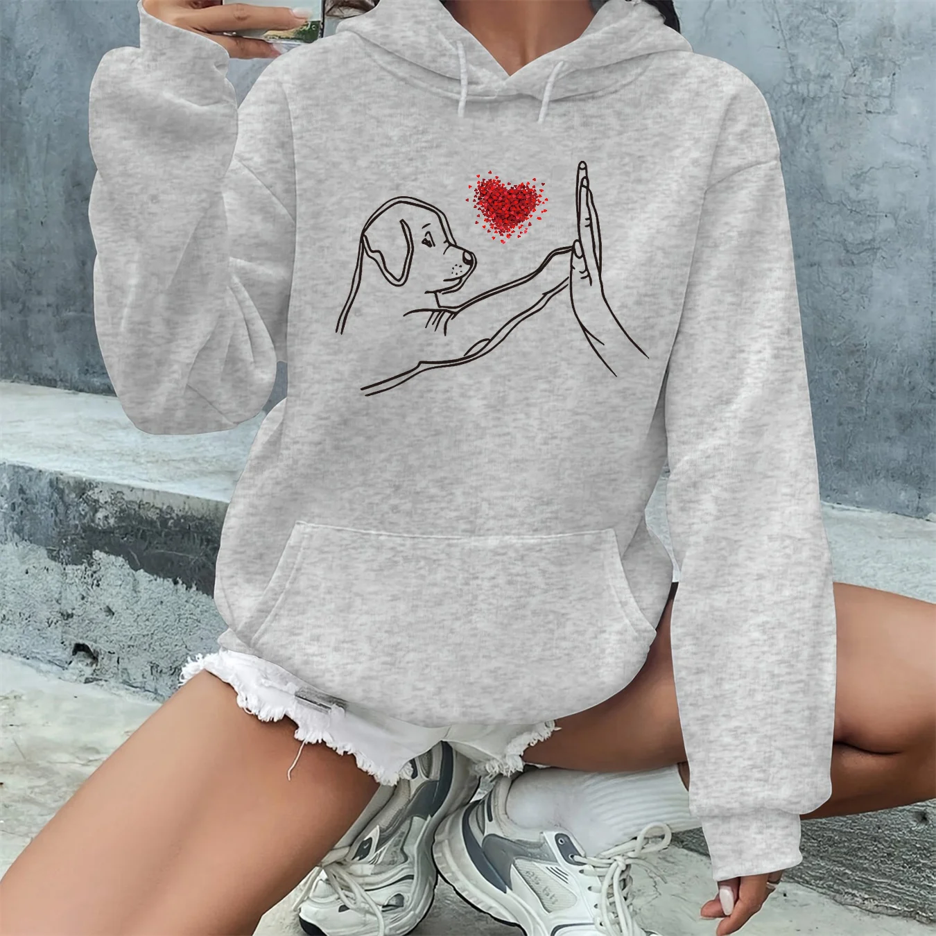 Women's Autumn and Winter Warm Loose Casual and Dog High Five Pattern Printed Suede Long Sleeved Hooded Sweatshirt