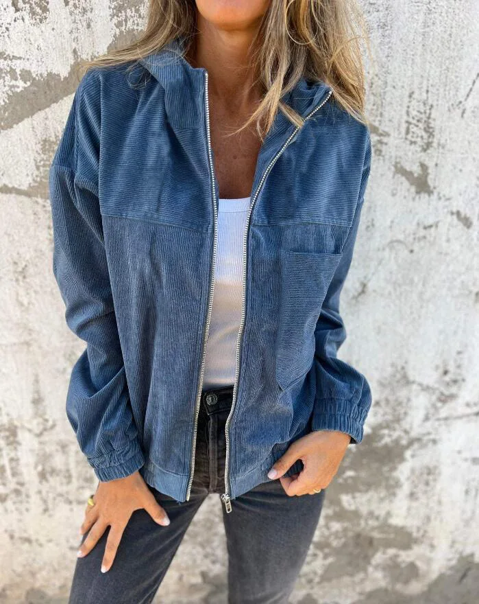 Women's Spring Autumn Zipper Corduroy Hooded Jacket Coat
