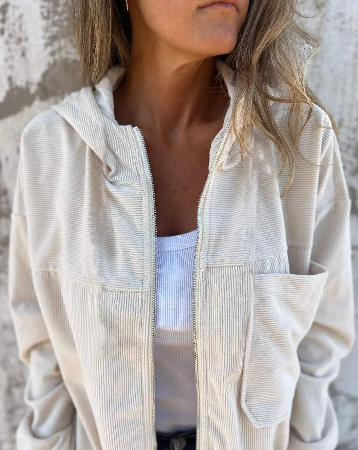 Women's Spring Autumn Zipper Corduroy Hooded Jacket Coat