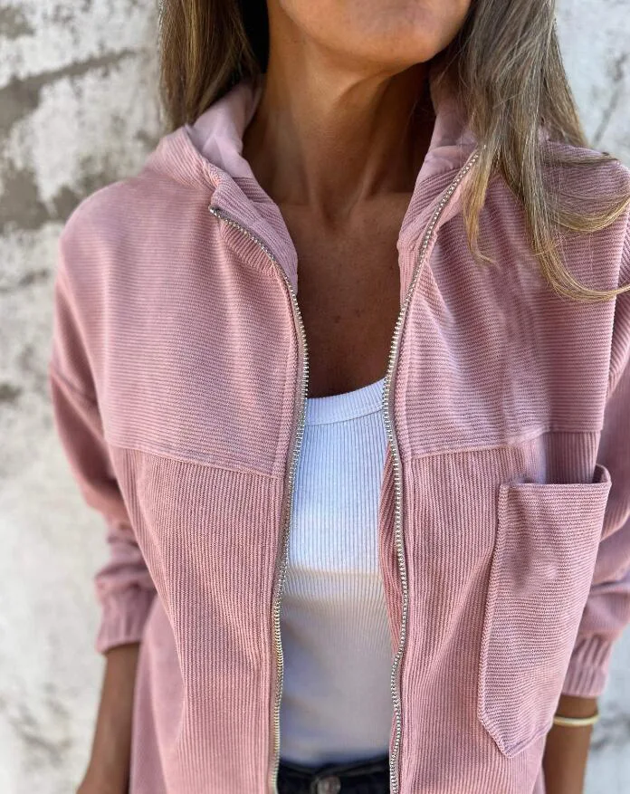 Women's Spring Autumn Zipper Corduroy Hooded Jacket Coat