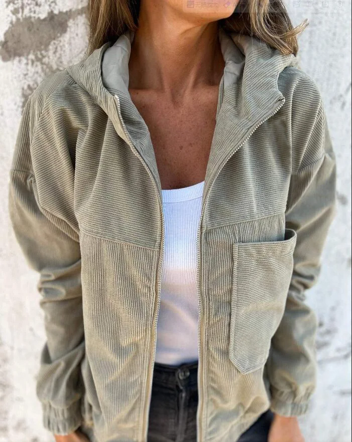 Women's Spring Autumn Zipper Corduroy Hooded Jacket Coat