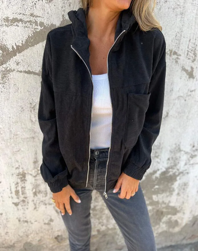 Women's Spring Autumn Zipper Corduroy Hooded Jacket Coat