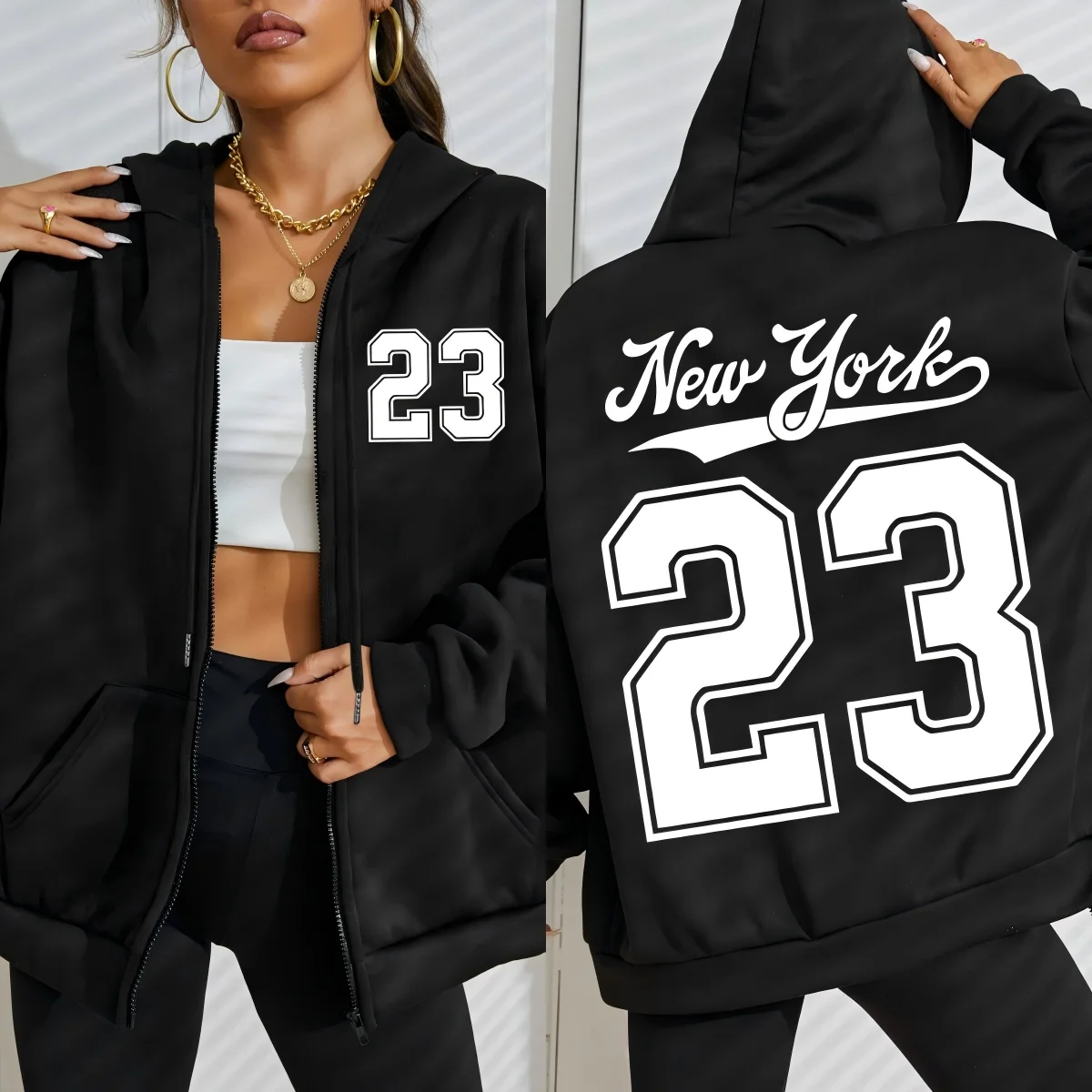 New York Number 23 Art Letter Printing Women Zipper Hoodie Fashion Hoodies Fleece Sportswears Autumn Casual Female Hoody