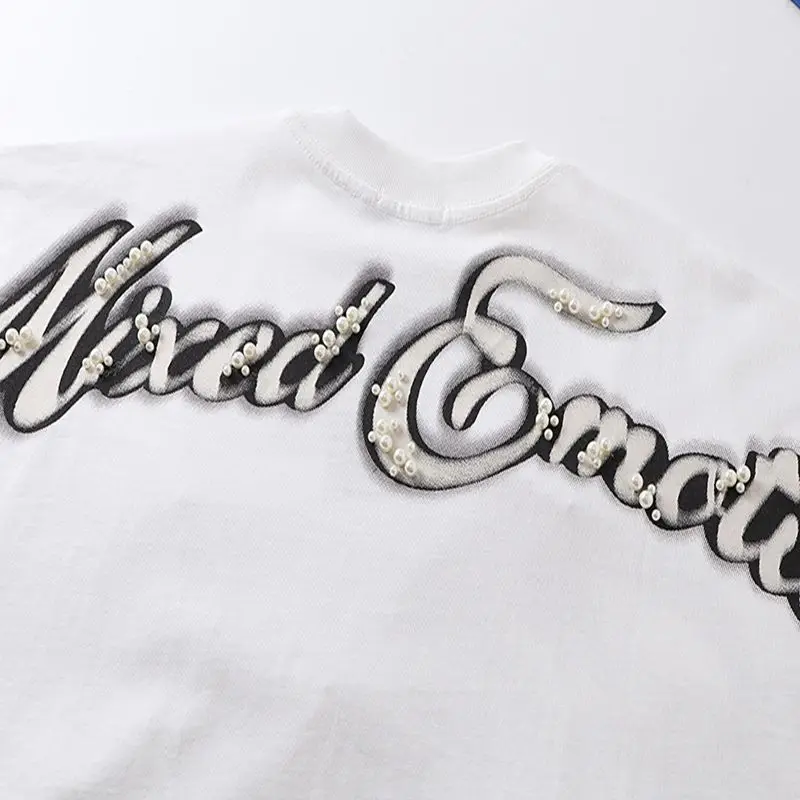 Mixed Emotion Embroidery Pearl Logo Sweatshirts Men Women Angel Print Tee 100% Cotton Streetwear Loose T-shirt