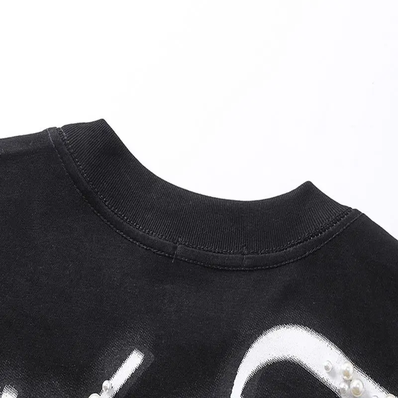 Mixed Emotion Embroidery Pearl Logo Sweatshirts Men Women Angel Print Tee 100% Cotton Streetwear Loose T-shirt