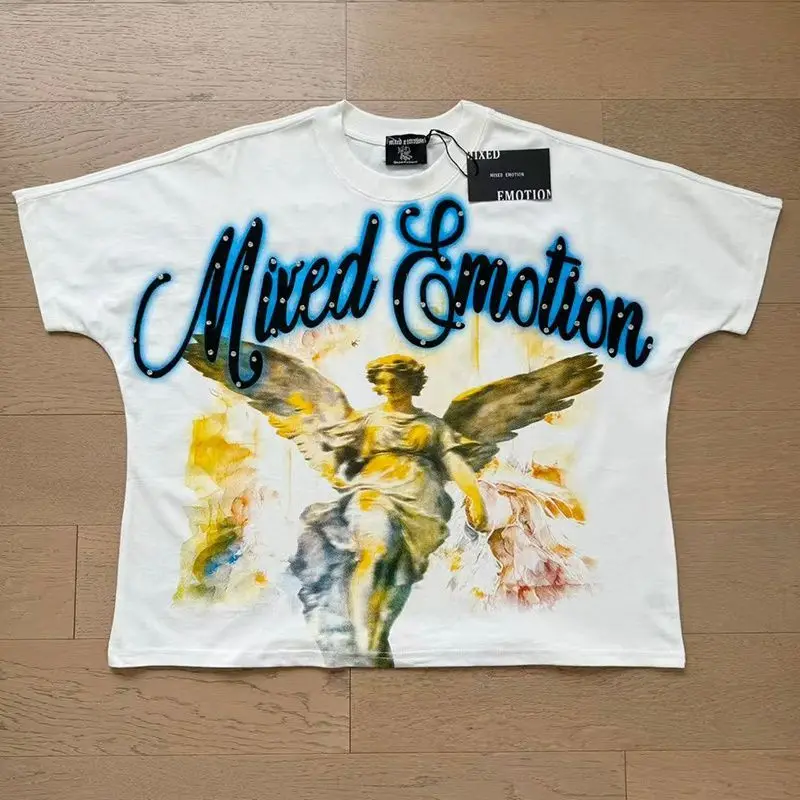 Mixed Emotion Embroidery Pearl Logo Sweatshirts Men Women Angel Print Tee 100% Cotton Streetwear Loose T-shirt