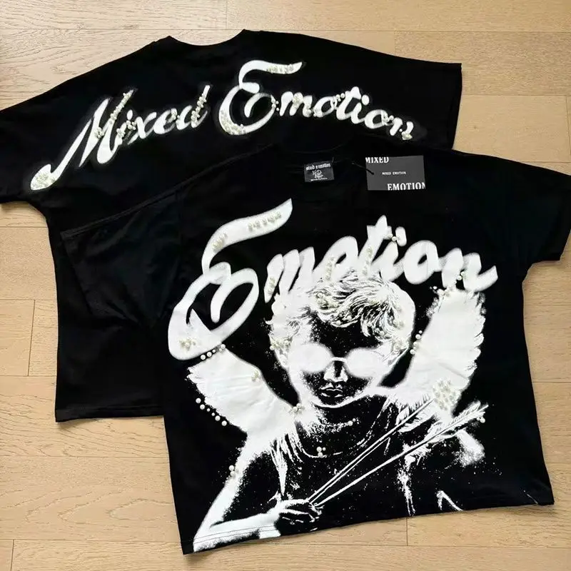 Mixed Emotion Embroidery Pearl Logo Sweatshirts Men Women Angel Print Tee 100% Cotton Streetwear Loose T-shirt