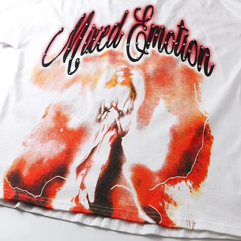 Mixed Emotion Embroidery Pearl Logo Sweatshirts Men Women Angel Print Tee 100% Cotton Streetwear Loose T-shirt