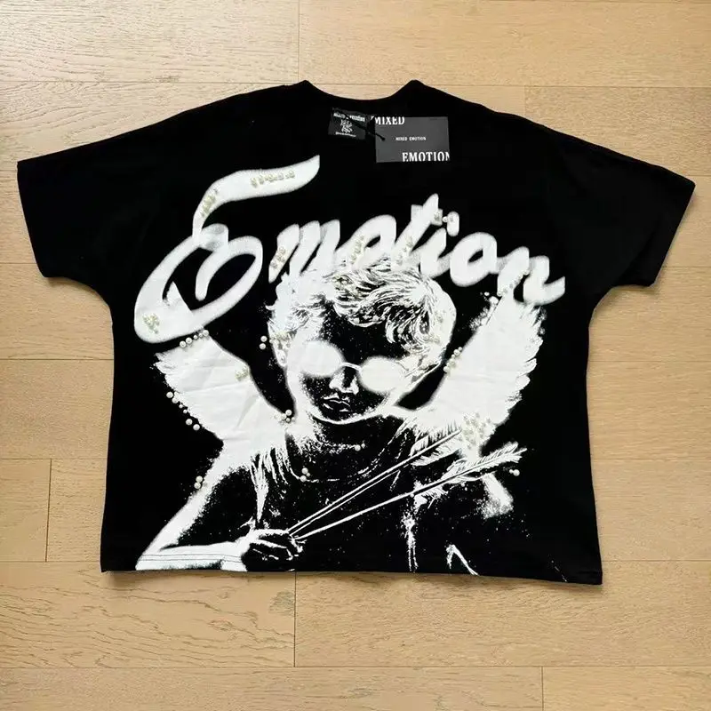 Mixed Emotion Embroidery Pearl Logo Sweatshirts Men Women Angel Print Tee 100% Cotton Streetwear Loose T-shirt